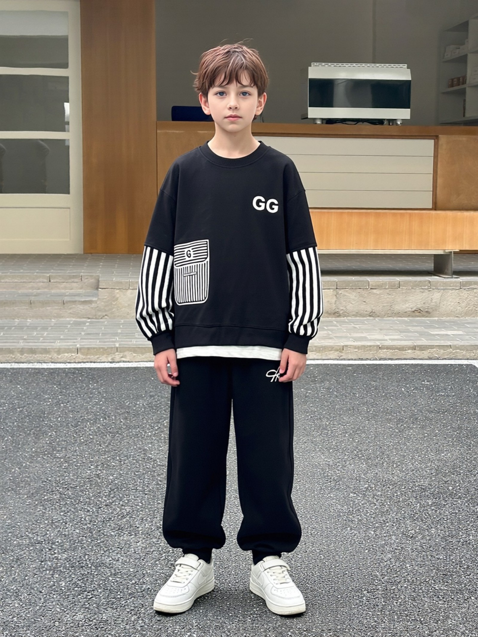 Boys Black Knitted Jogger Set with Printed Sweatshirt