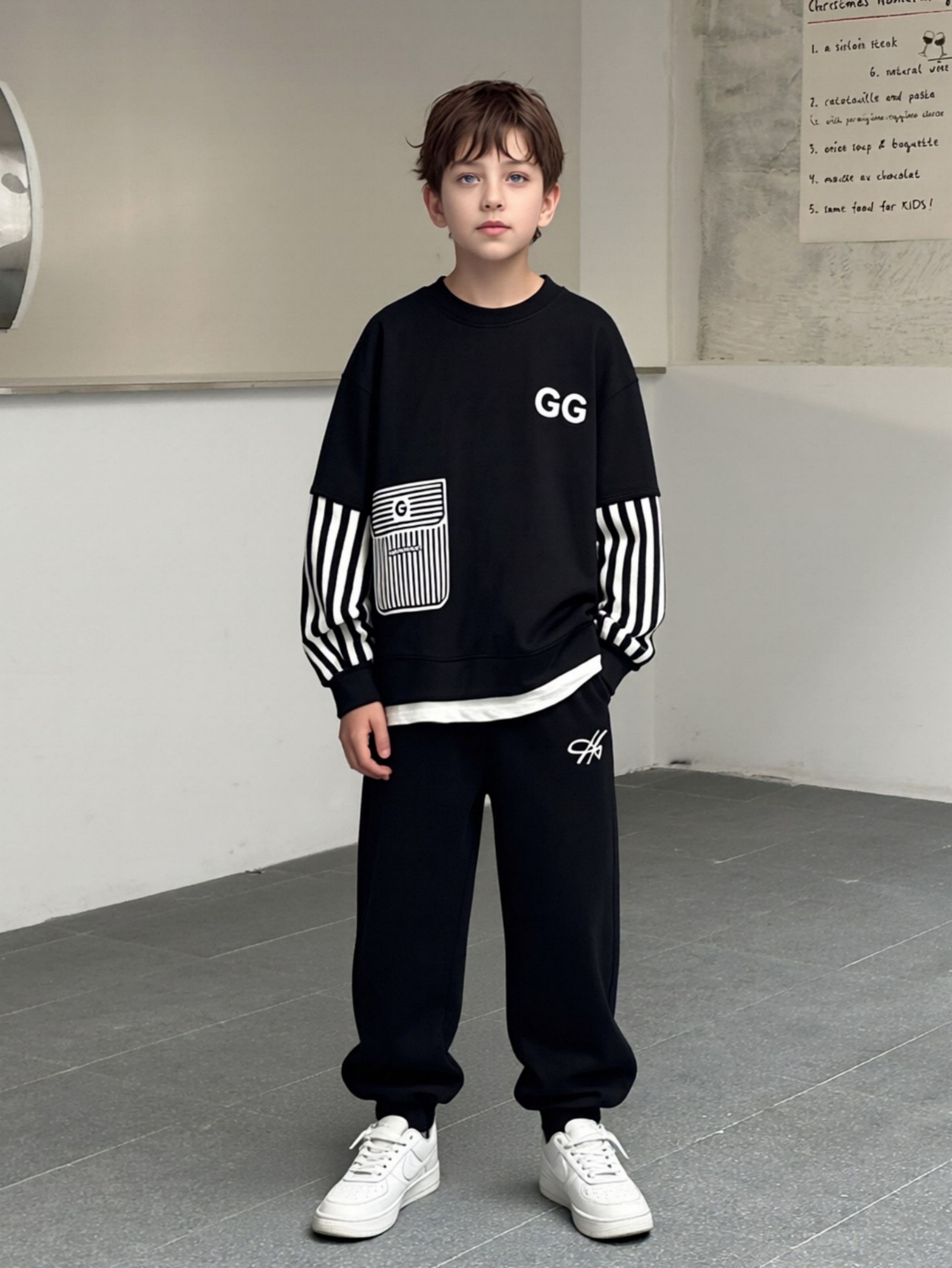 Boys Black Knitted Jogger Set with Printed Sweatshirt