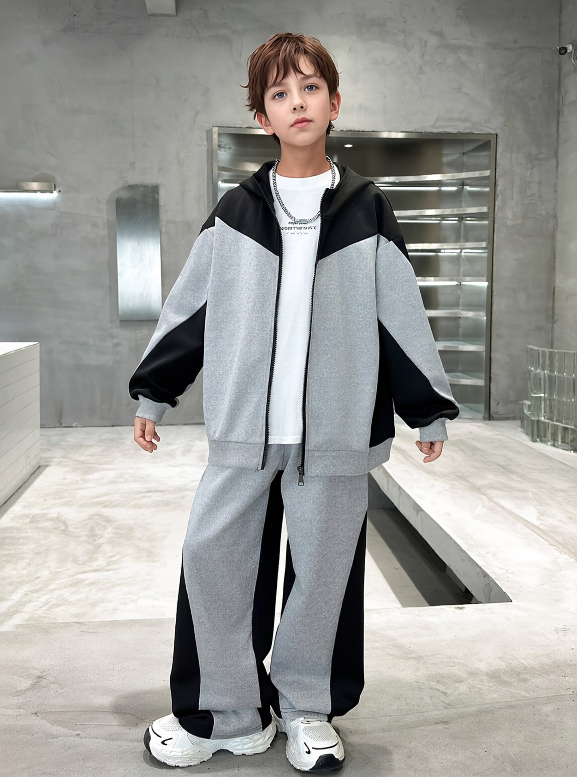 Boys Grey and Black Zip Hoodie Tracksuit Set
