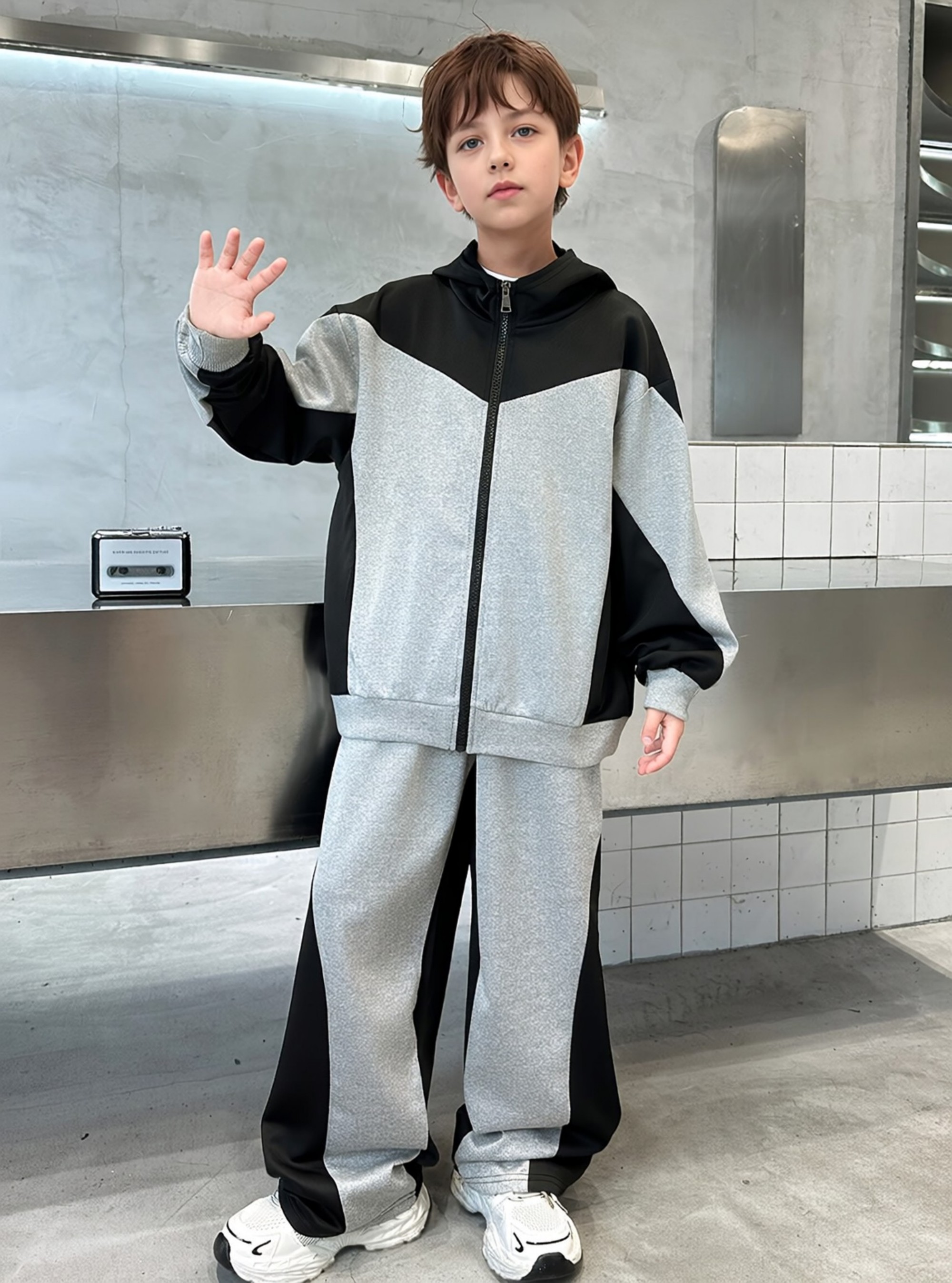 Boys Grey and Black Zip Hoodie Tracksuit Set