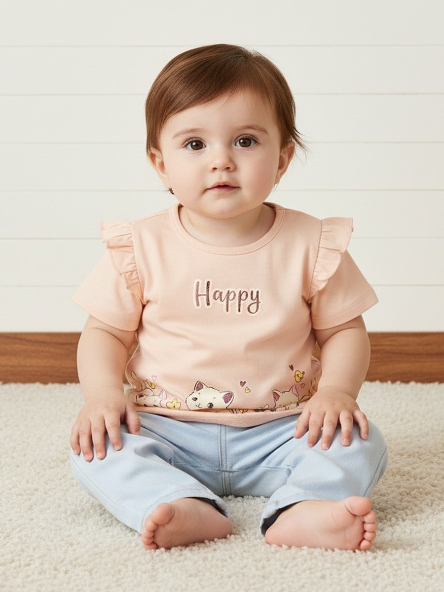 Cat Print Cotton Top with Ruffles