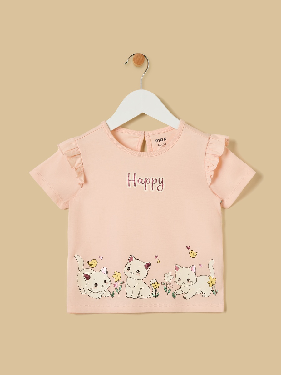 Cat Print Cotton Top with Ruffles