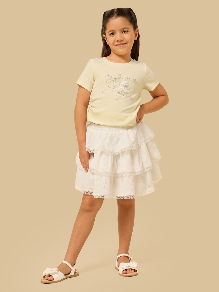 Lace Trim Cotton Tiered Skirt