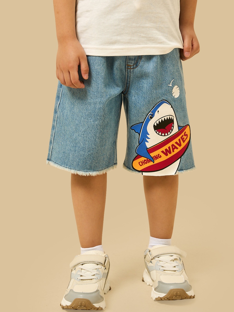 Shark Print Cotton Denim Shorts
