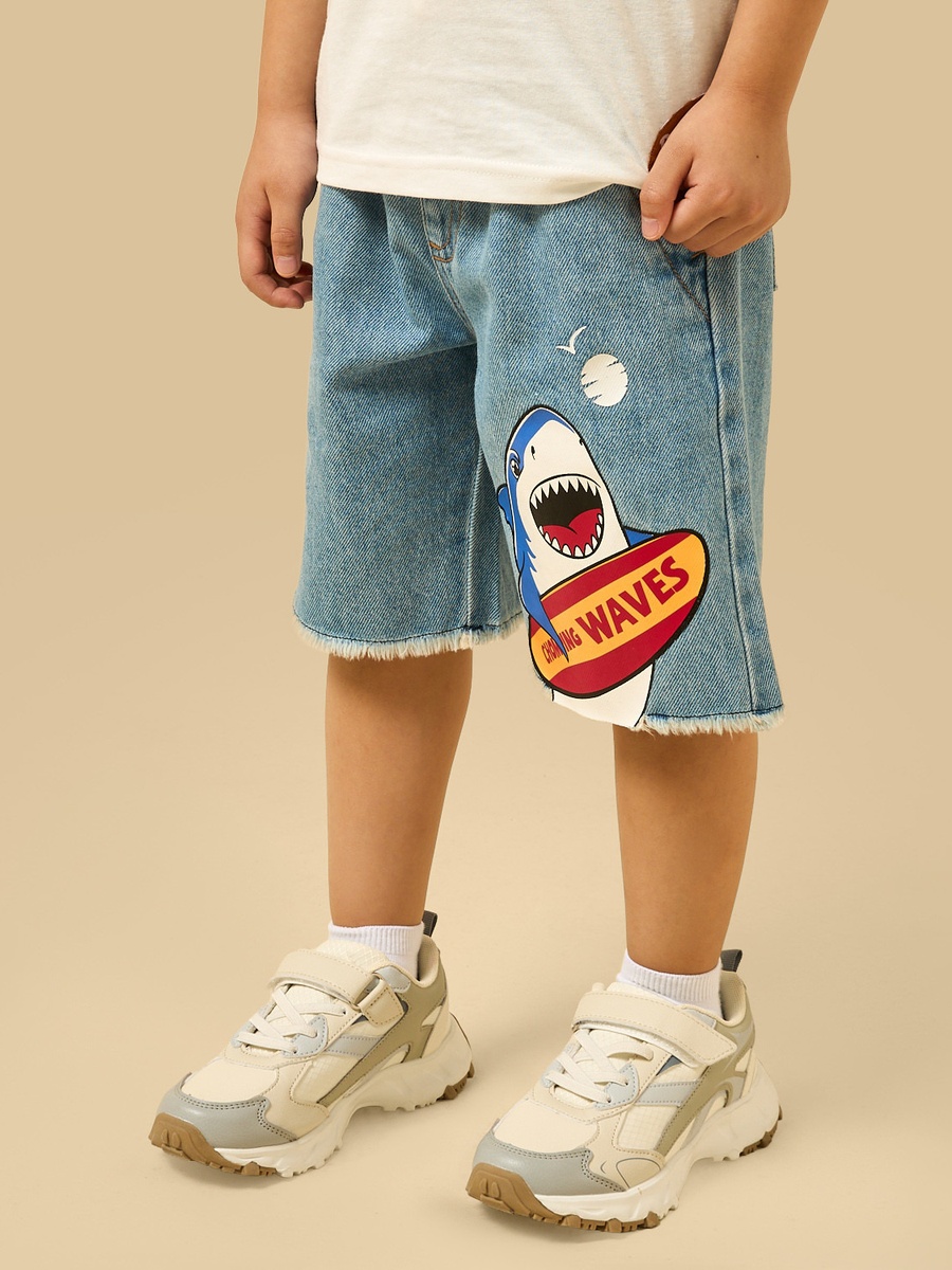 Shark Print Cotton Denim Shorts