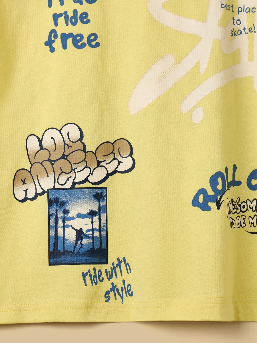 Graffiti Print Cotton T-Shirt and Denim Cargo Shorts Set