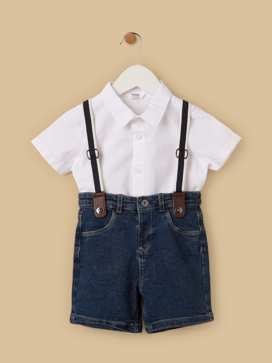 Plain Shirt with Denim Shorts and Suspenders