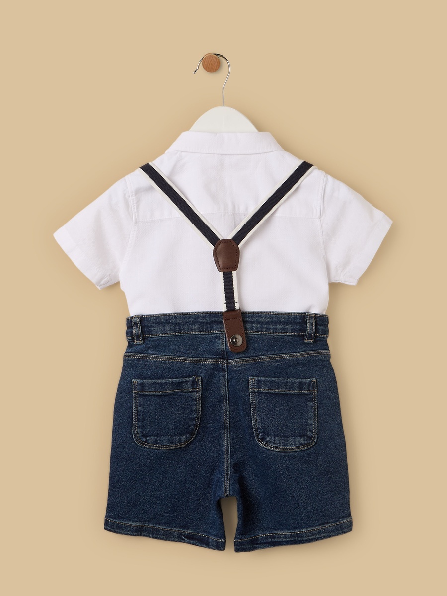 Plain Shirt with Denim Shorts and Suspenders