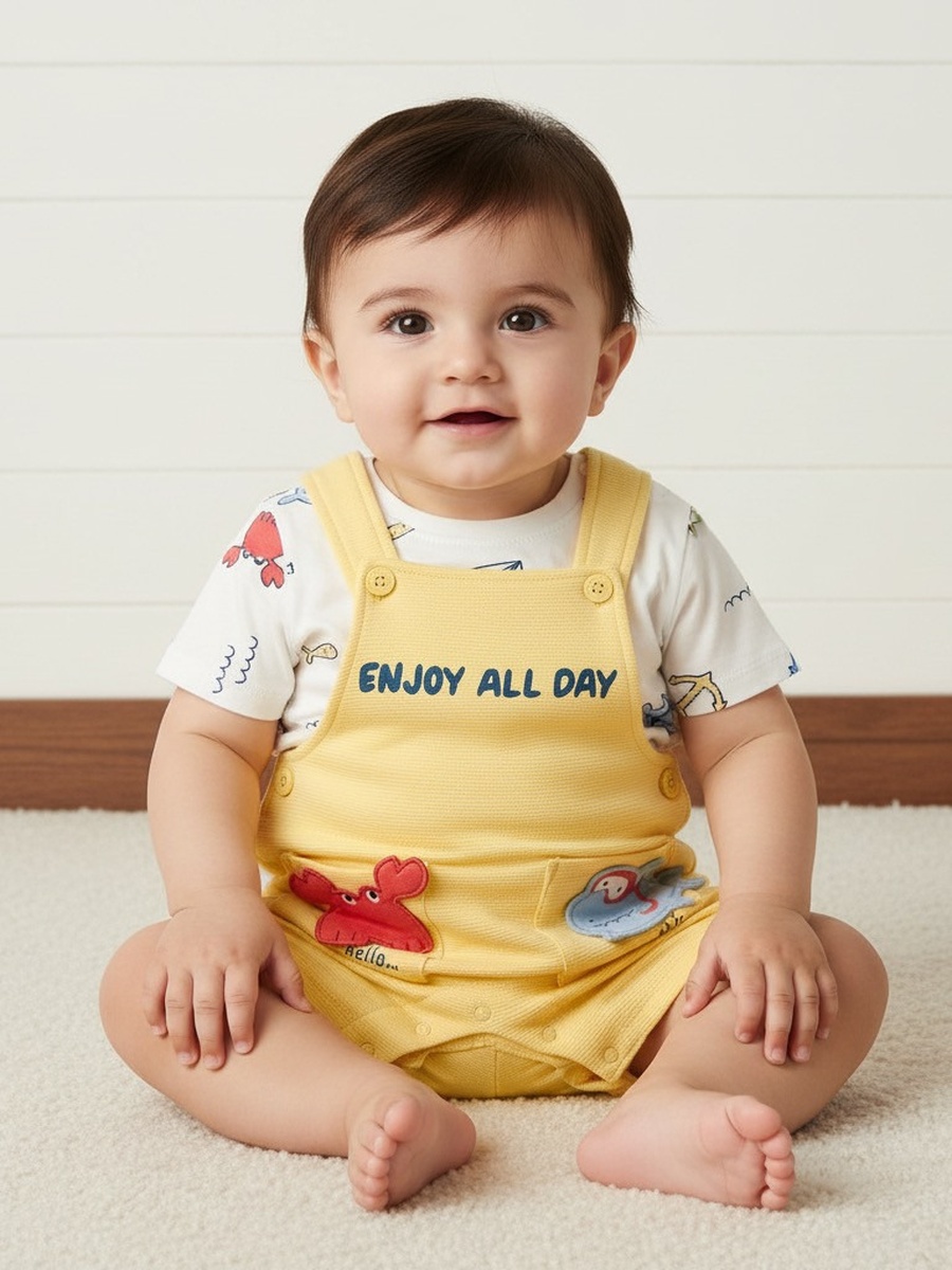 Aquatic 3D Pocket Applique Cotton Ottoman Dungaree and T-Shirt Set