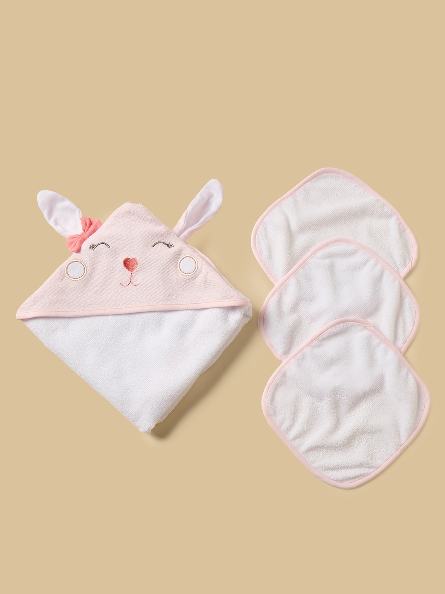 Bunny Ear Applique 4-Piece Hooded Bath Towel and Wash Cloth Set