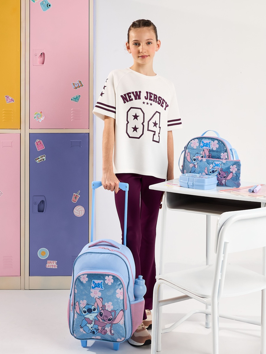 Stitch and Angel Print 5-Piece Trolley Backpack Set