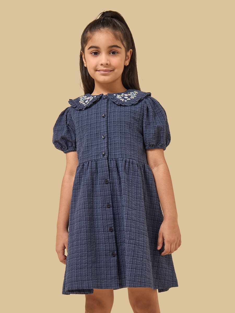 Embroidered Cotton Dress with Peter Pan Collar and Puff Sleeves