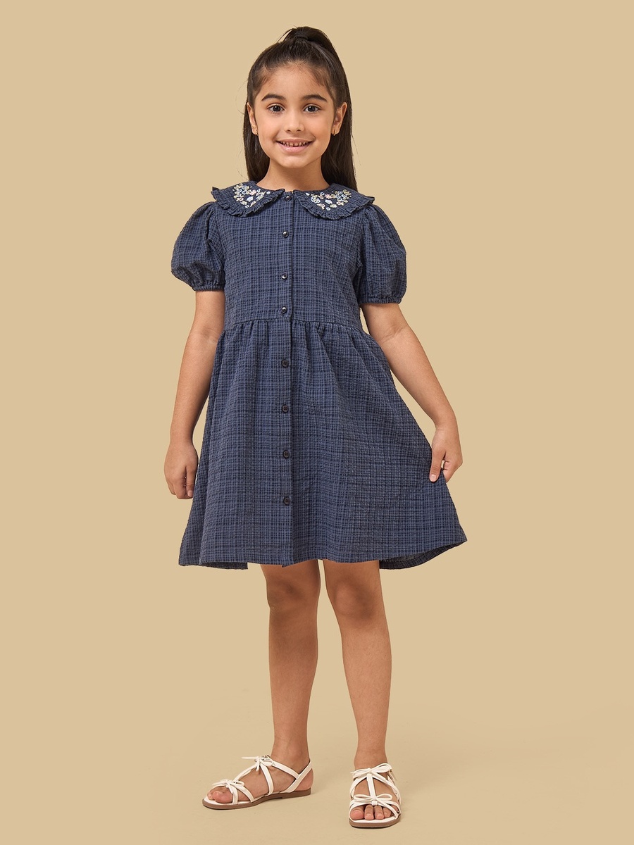 Embroidered Cotton Dress with Peter Pan Collar and Puff Sleeves