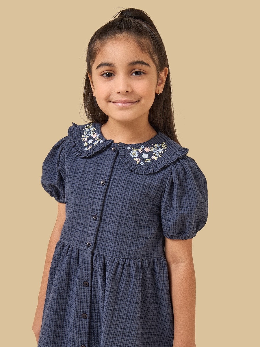 Embroidered Cotton Dress with Peter Pan Collar and Puff Sleeves