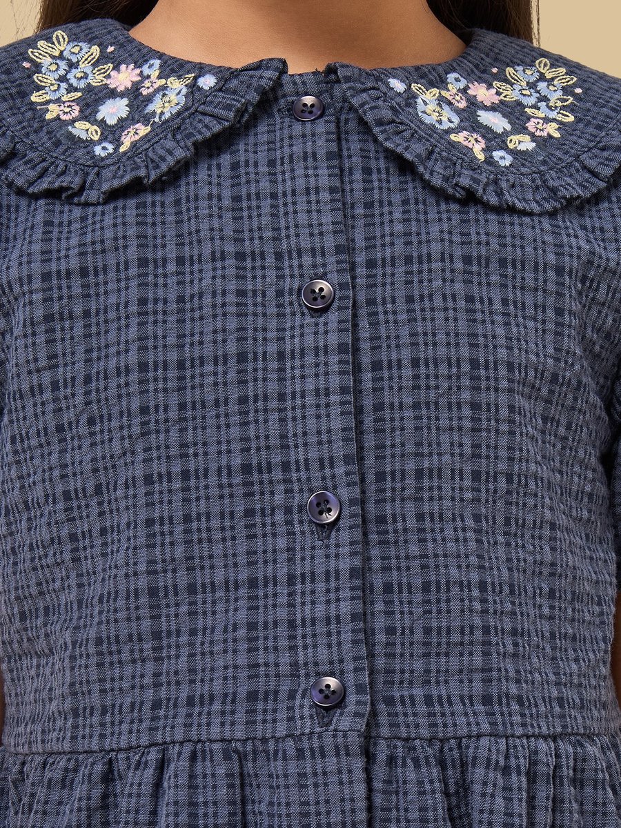 Embroidered Cotton Dress with Peter Pan Collar and Puff Sleeves