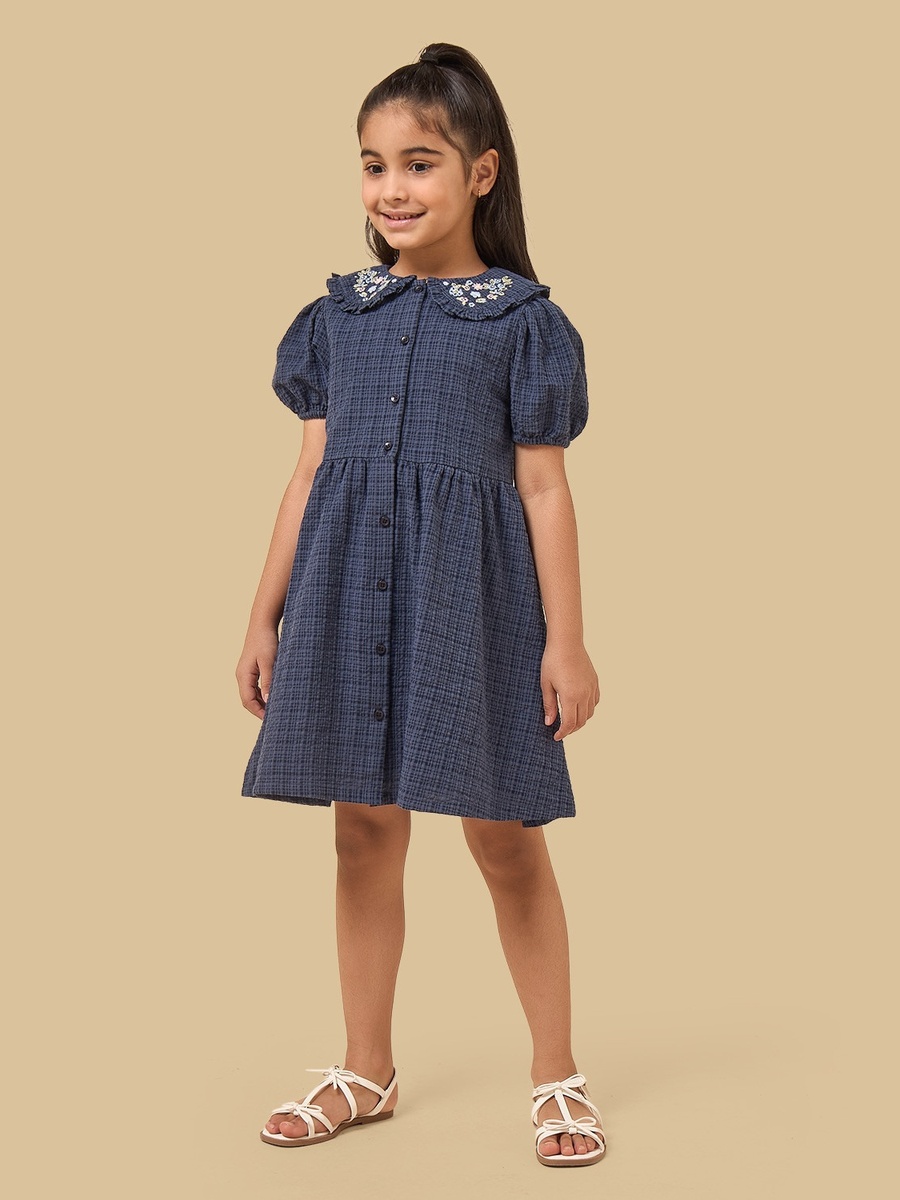 Embroidered Cotton Dress with Peter Pan Collar and Puff Sleeves
