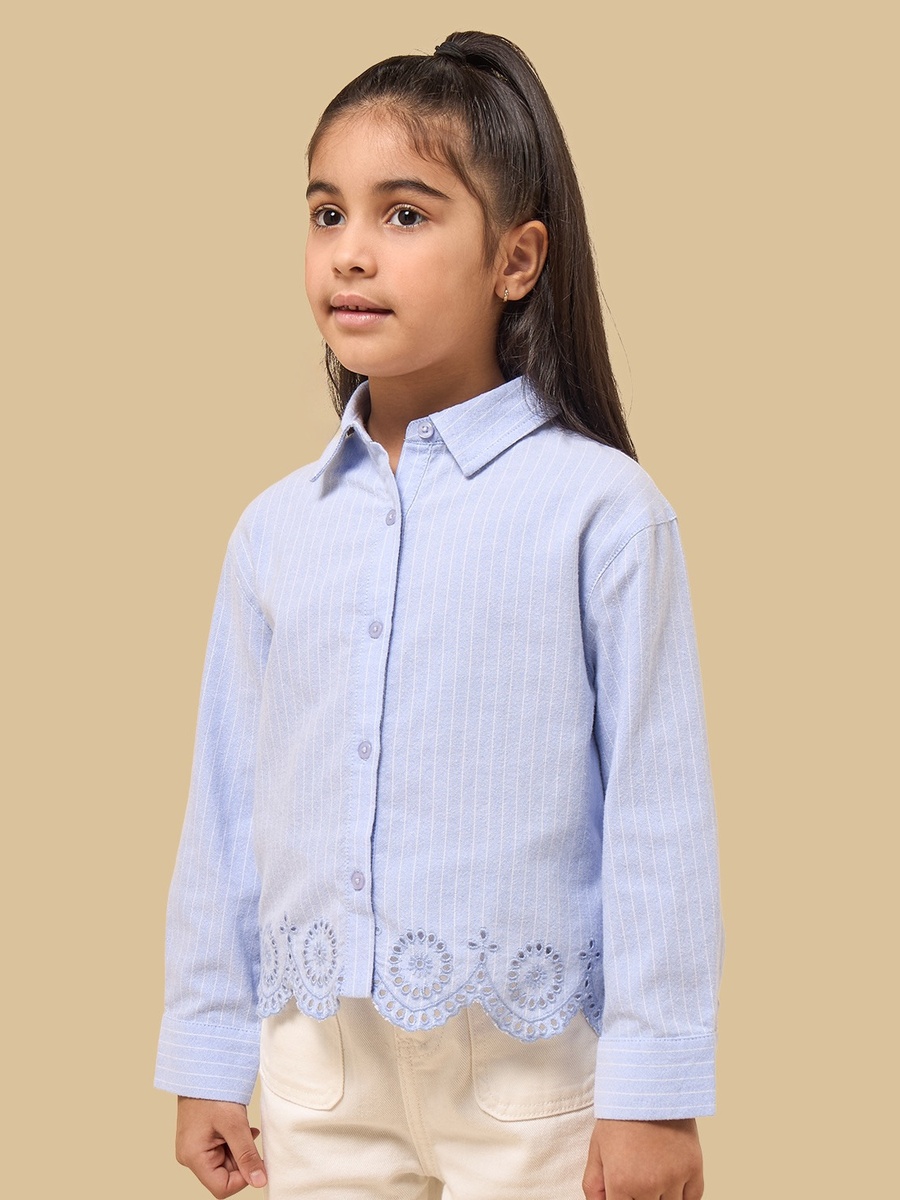 Striped Schiffli Hem Chambray Shirt