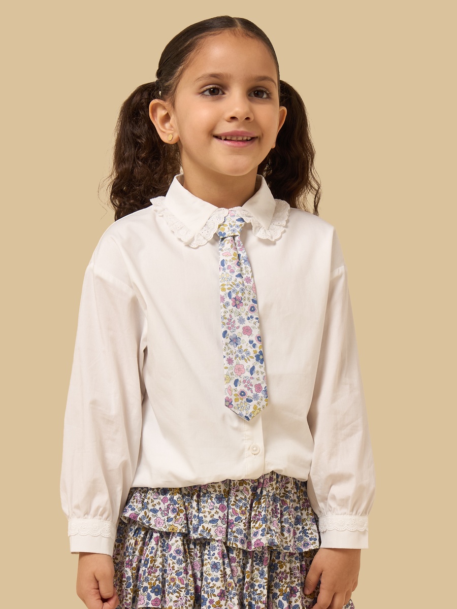 Ruffle Collar Cotton Shirt with Floral Print Tie