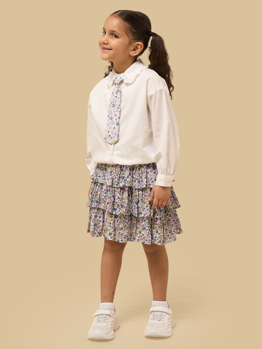Ruffle Collar Cotton Shirt with Floral Print Tie
