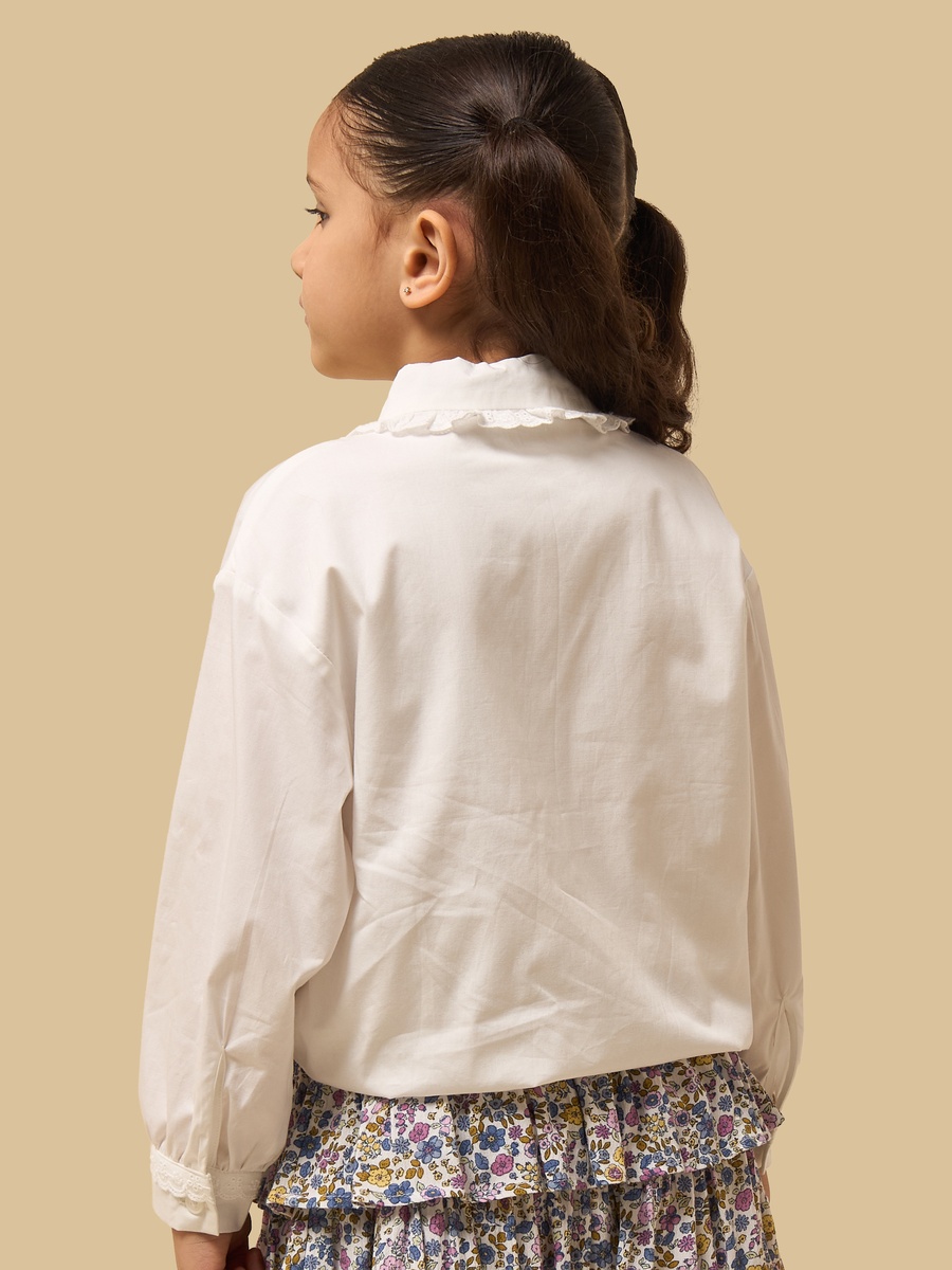 Ruffle Collar Cotton Shirt with Floral Print Tie