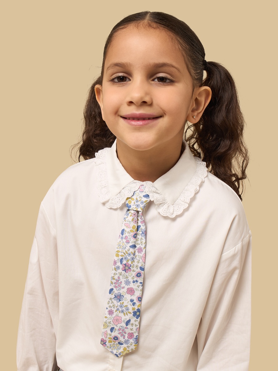 Ruffle Collar Cotton Shirt with Floral Print Tie