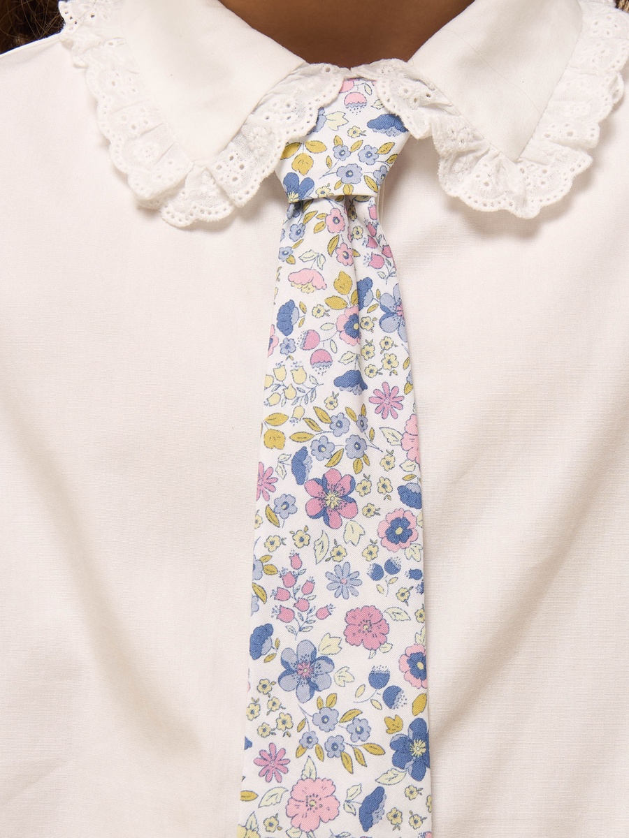 Ruffle Collar Cotton Shirt with Floral Print Tie