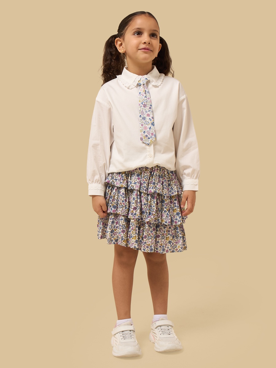 Ruffle Collar Cotton Shirt with Floral Print Tie