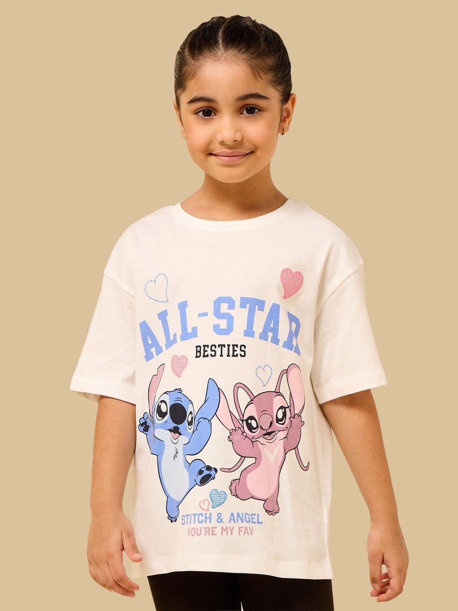 Angel and Stitch Print Cotton T-Shirt