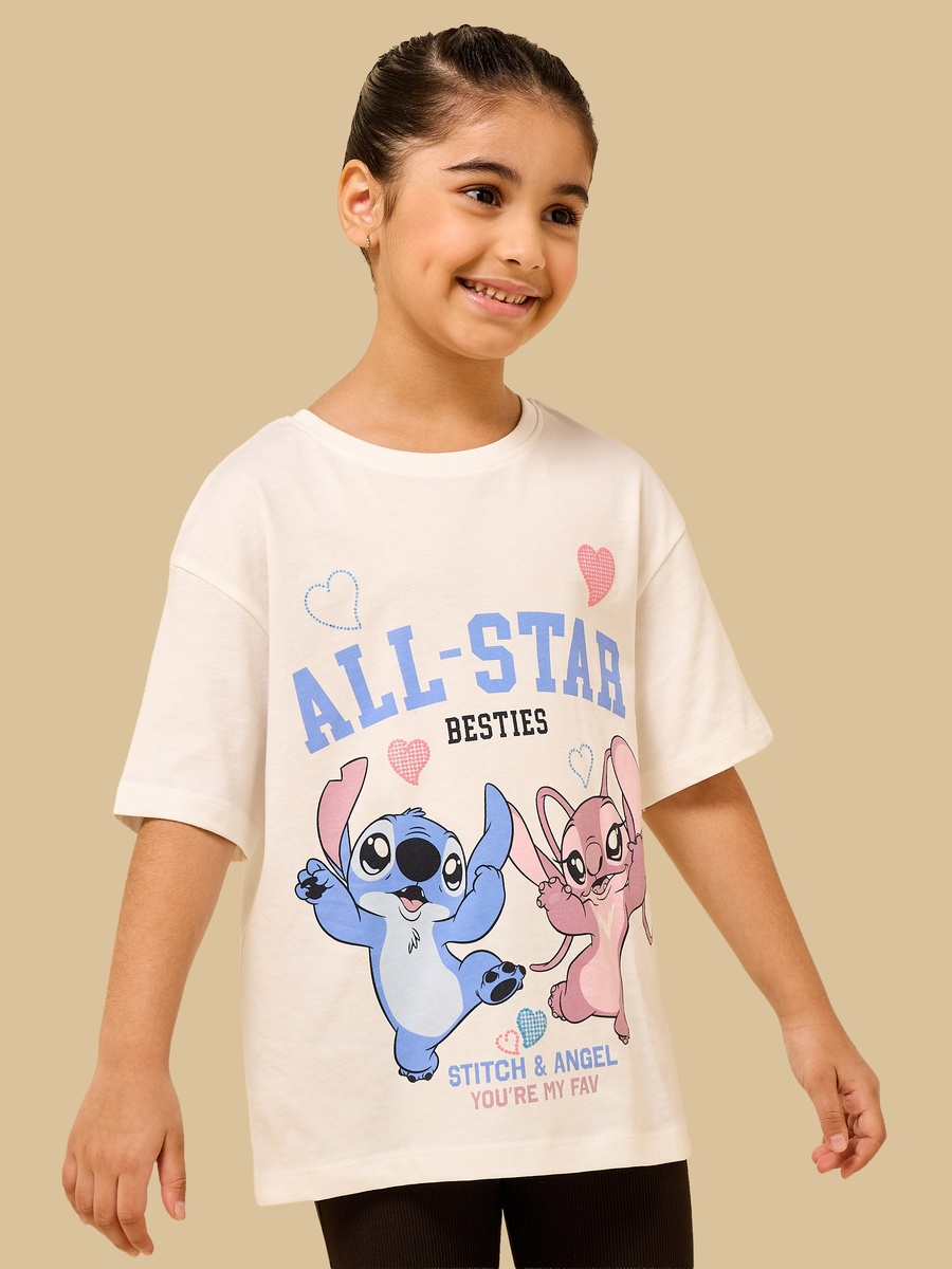 Angel and Stitch Print Cotton T-Shirt