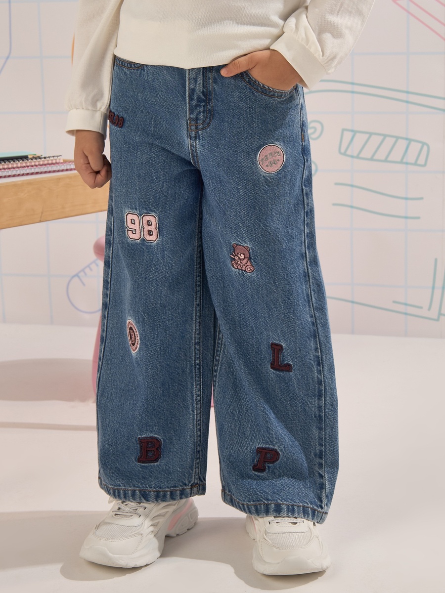 Varsity Embroidered Wide Leg Cotton Jeans