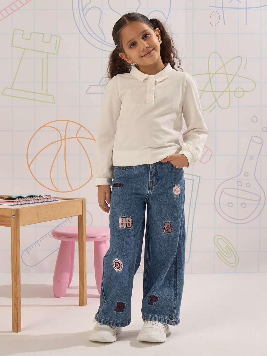 Varsity Embroidered Wide Leg Cotton Jeans