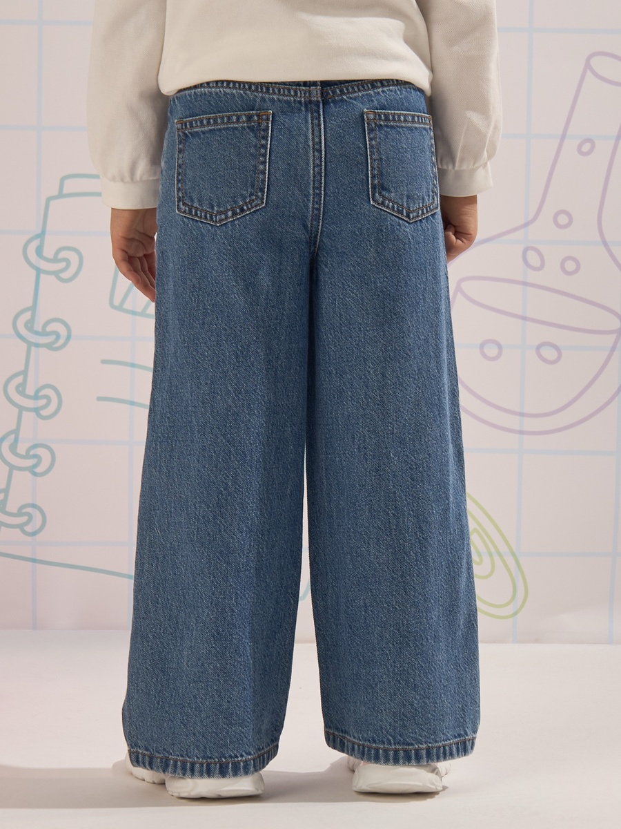 Varsity Embroidered Wide Leg Cotton Jeans