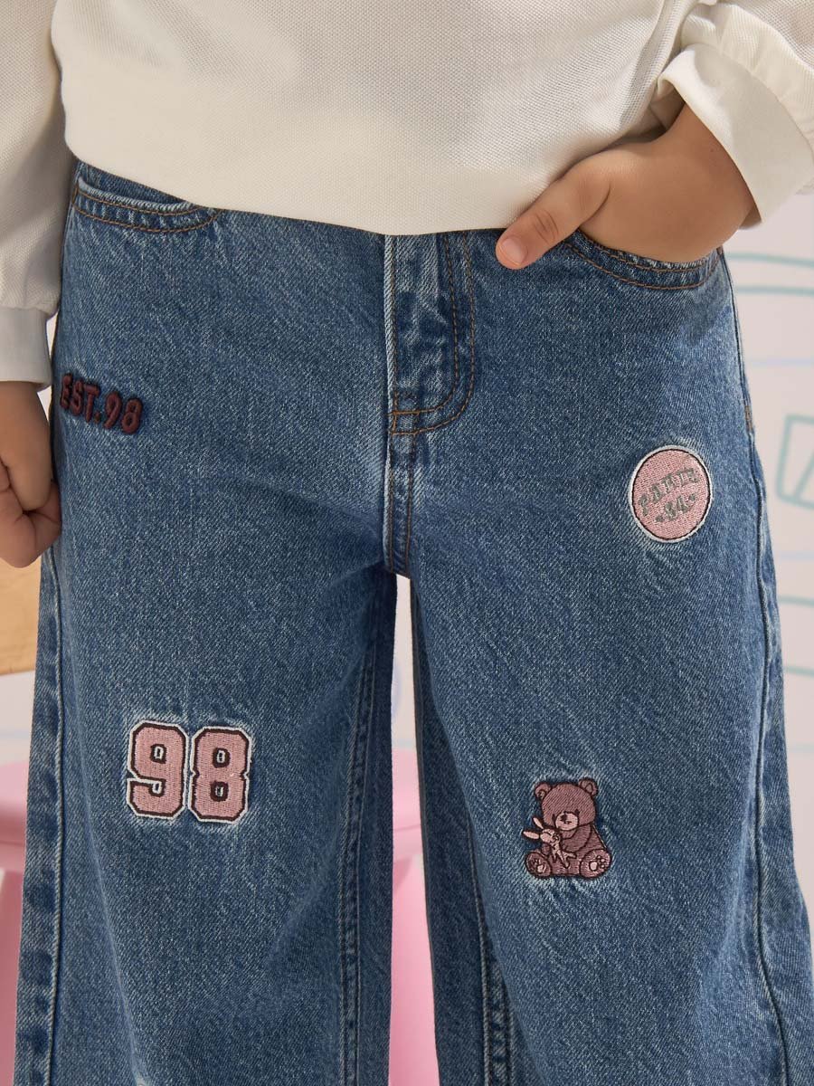 Varsity Embroidered Wide Leg Cotton Jeans