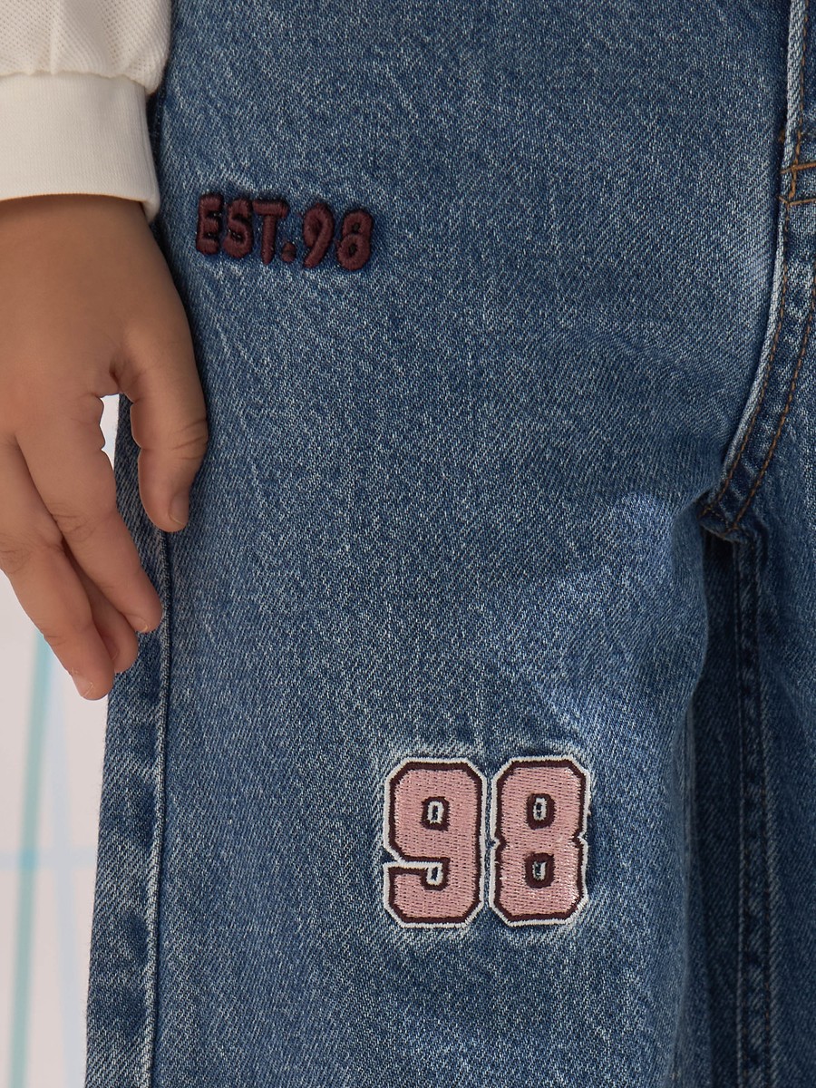 Varsity Embroidered Wide Leg Cotton Jeans