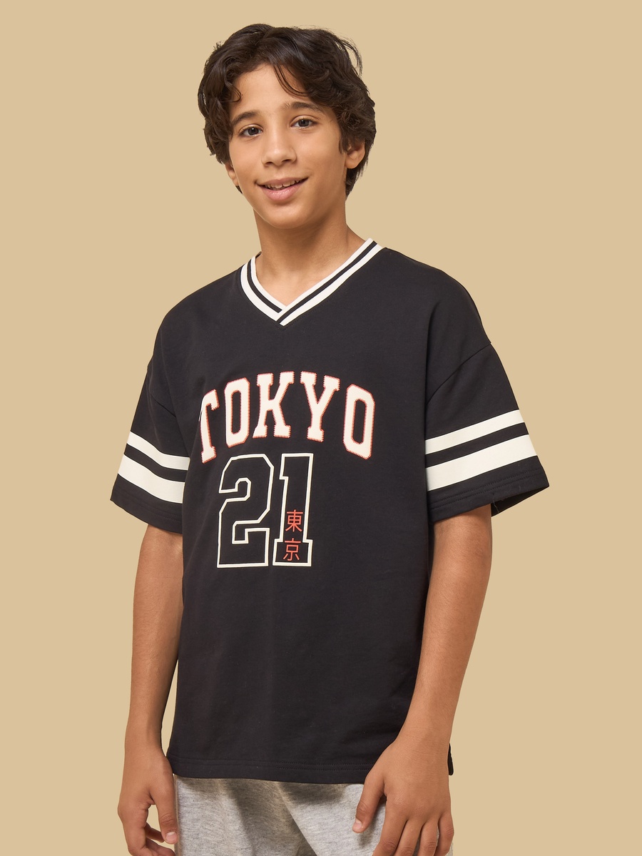 Tokyo Varsity Print V Neck Cotton T-Shirt