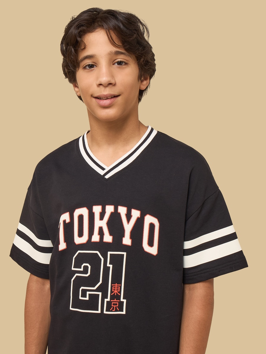Tokyo Varsity Print V Neck Cotton T-Shirt