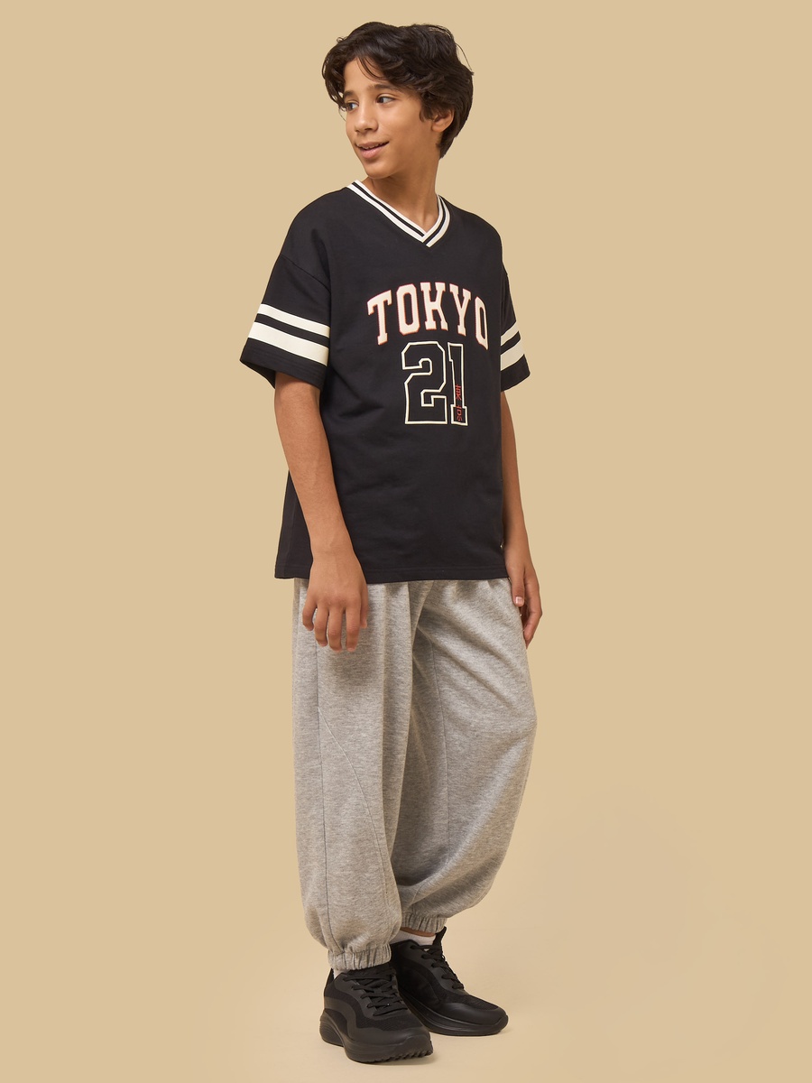 Tokyo Varsity Print V Neck Cotton T-Shirt