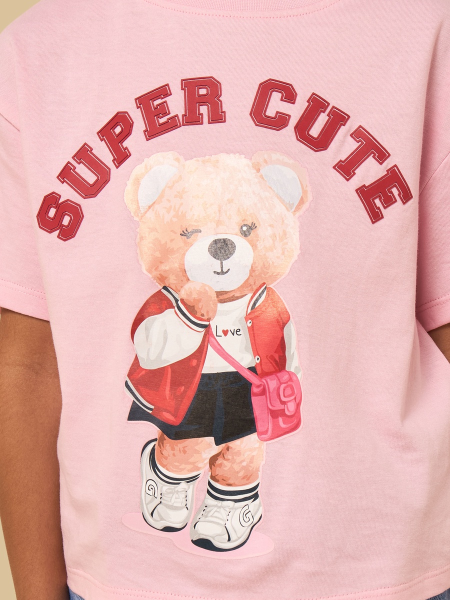 Bear Print Cotton Boxy T-Shirt
