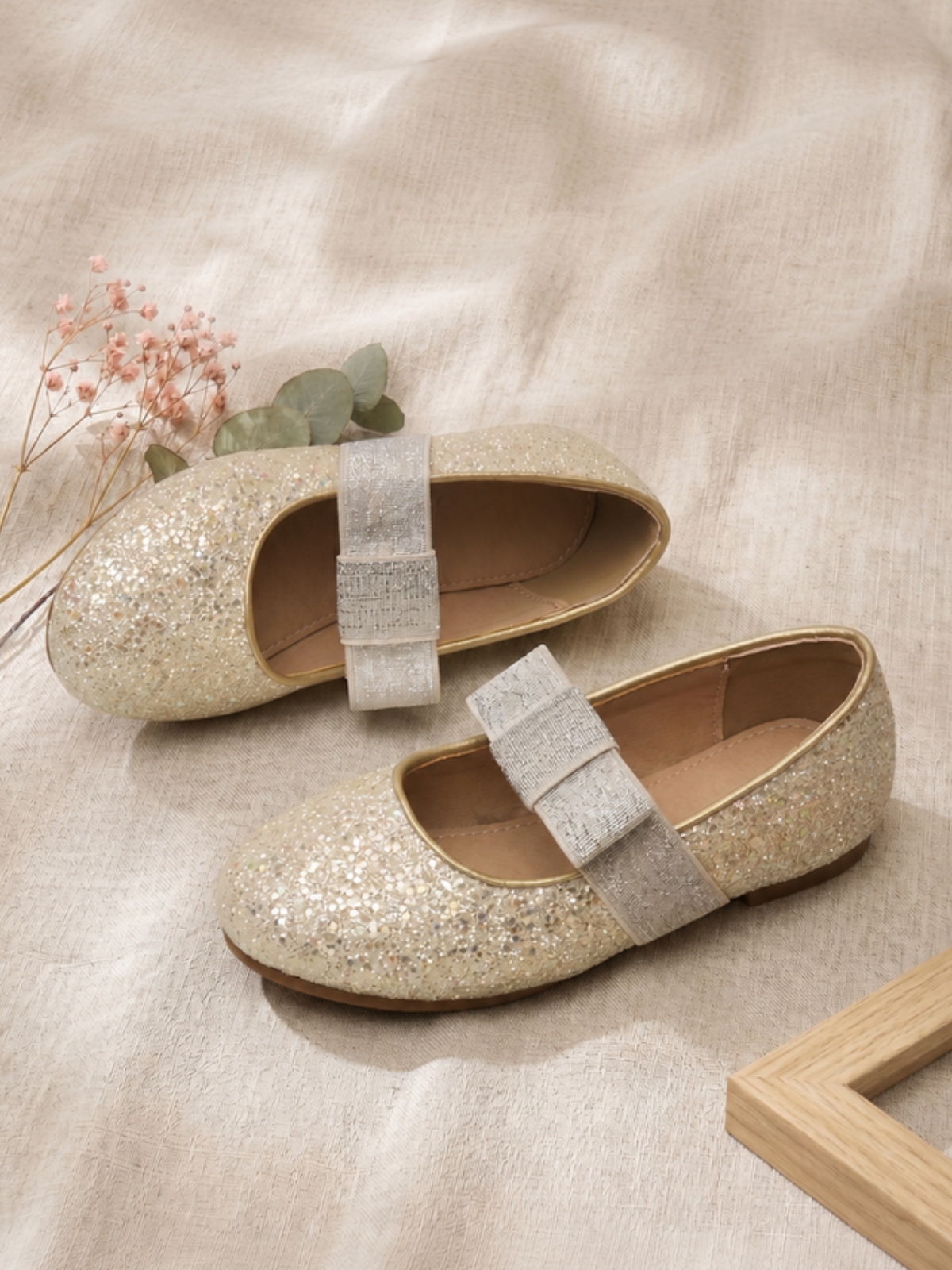 Girls Gold Glitter Floral Ballerina Flats with Velcro Bow