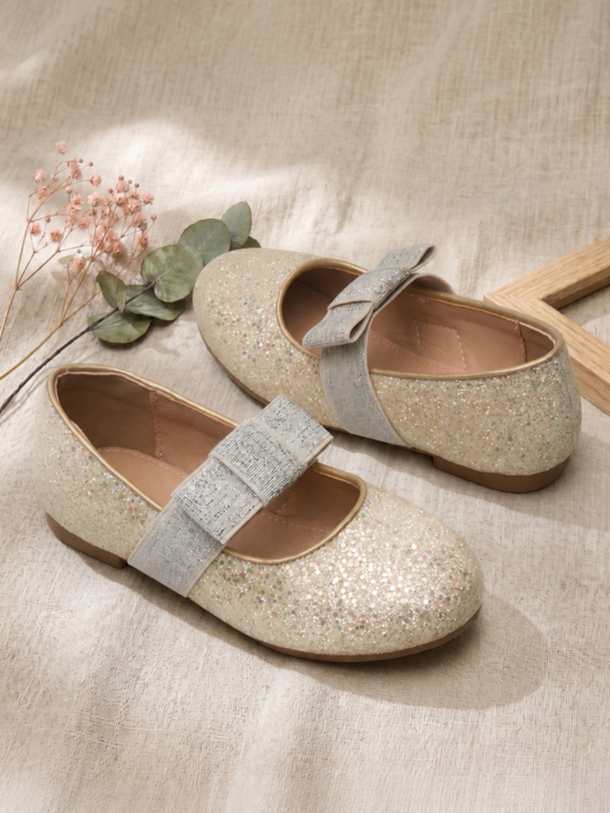 Girls Gold Glitter Floral Ballerina Flats with Velcro Bow