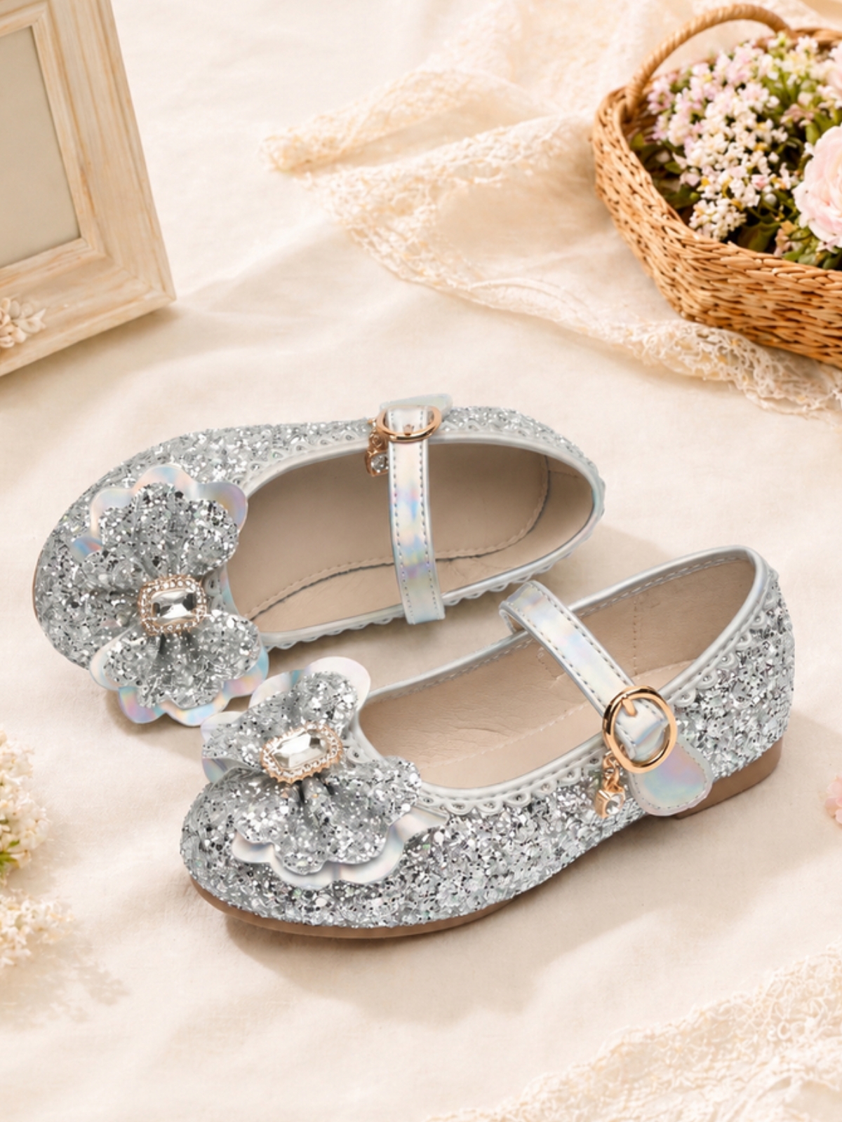 Silver Glitter Floral Mary Janes with Buckle