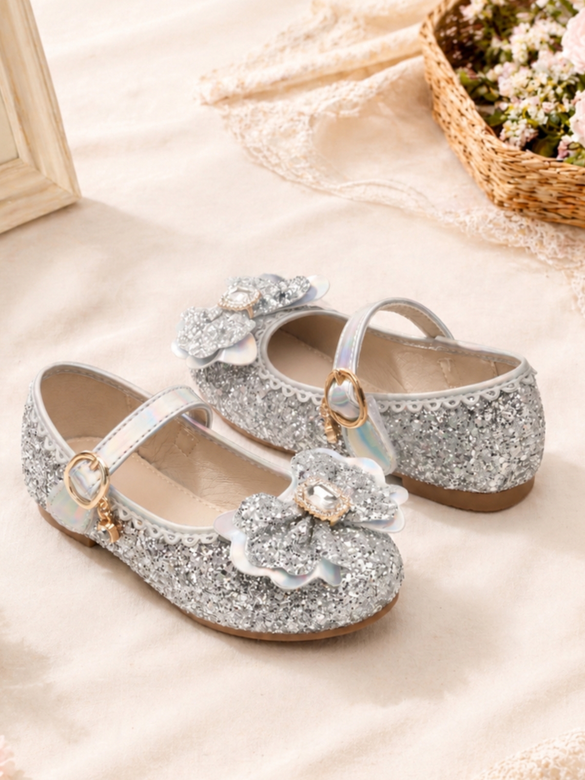 Silver Glitter Floral Mary Janes with Buckle