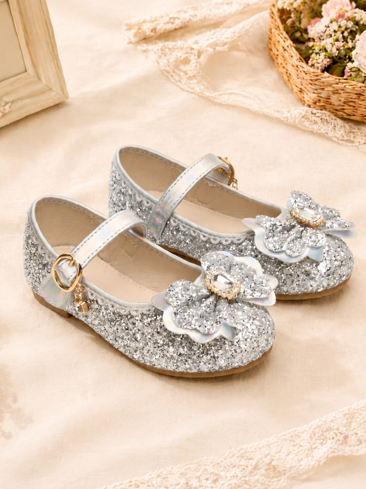 Silver Glitter Floral Mary Janes with Buckle