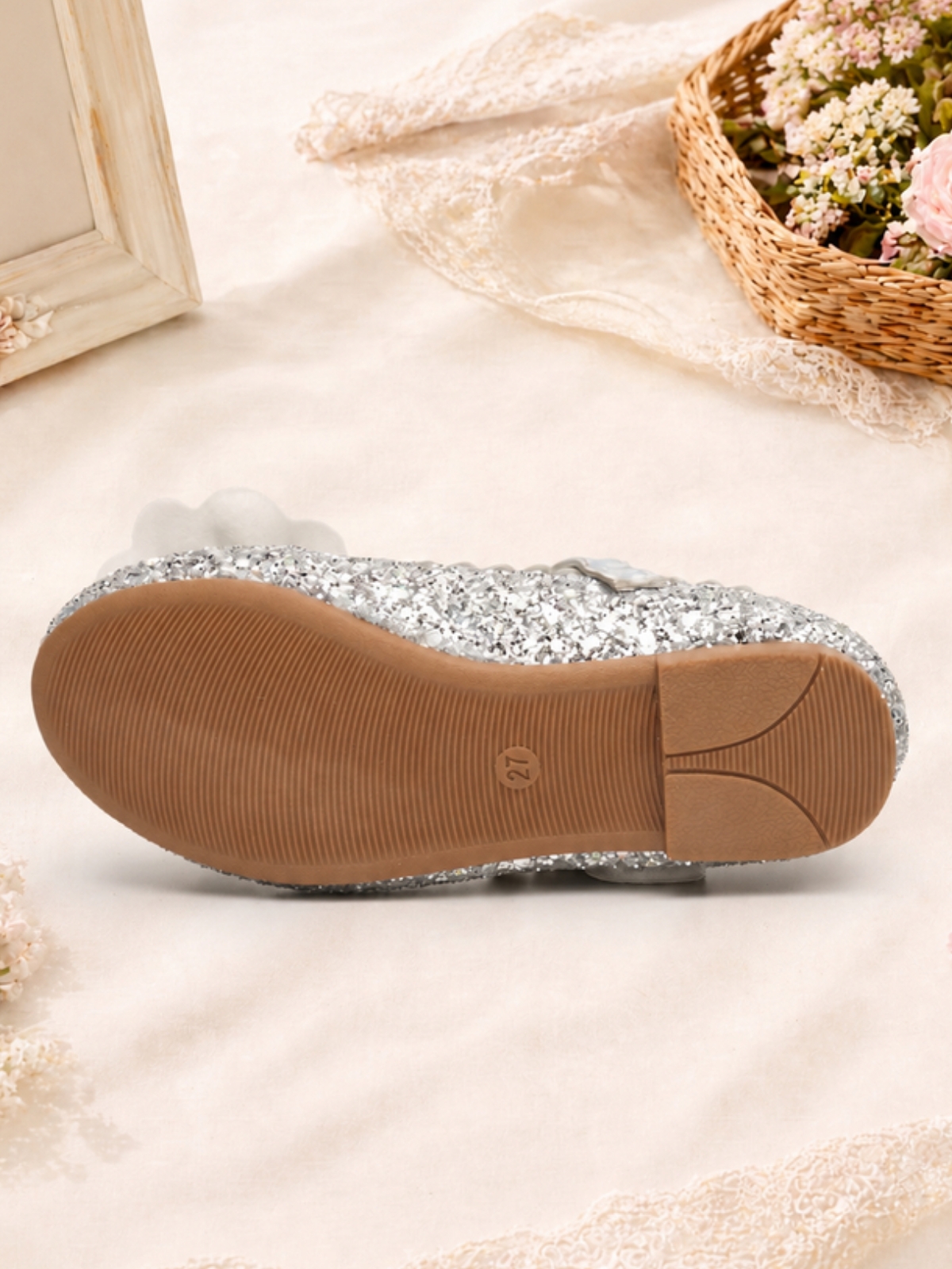 Silver Glitter Floral Mary Janes with Buckle