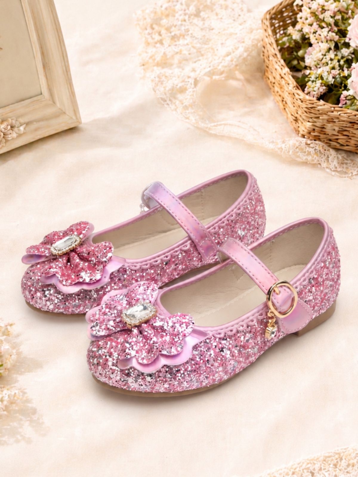 Girls Pink Glitter Floral Buckle Ballerinas