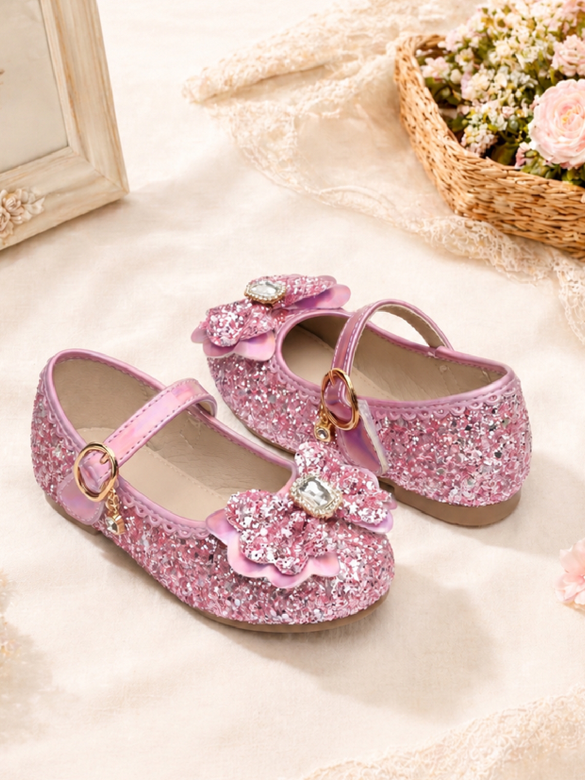 Girls Pink Glitter Floral Buckle Ballerinas