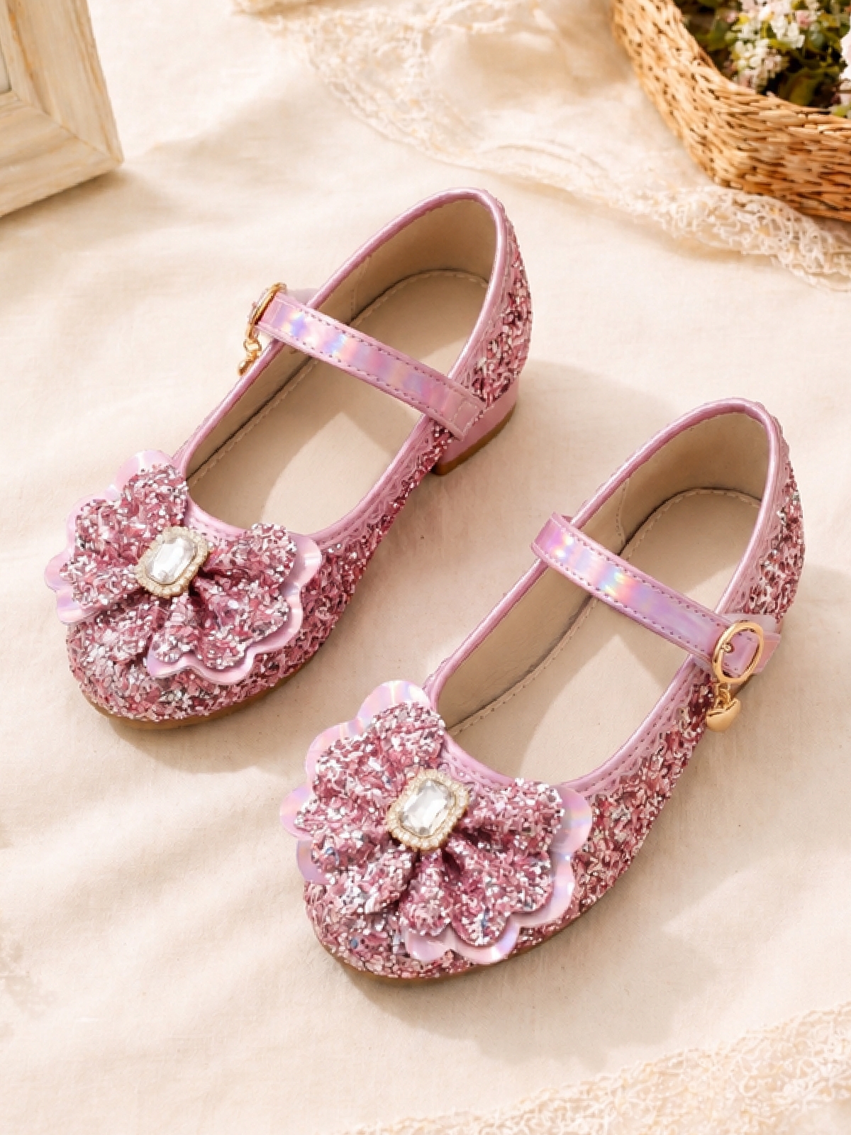 Girls Pink Glitter Floral Buckle Ballerinas