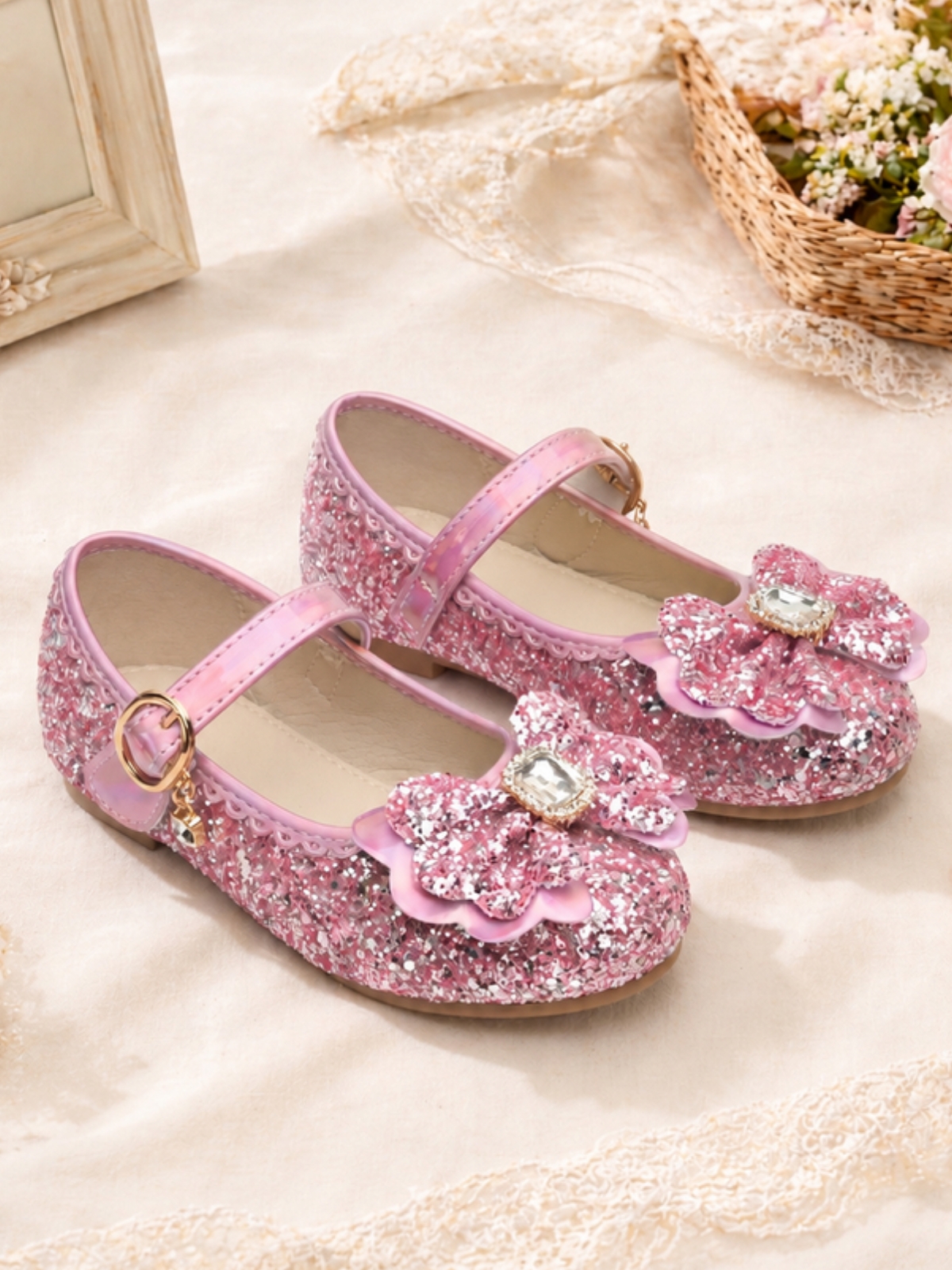 Girls Pink Glitter Floral Buckle Ballerinas