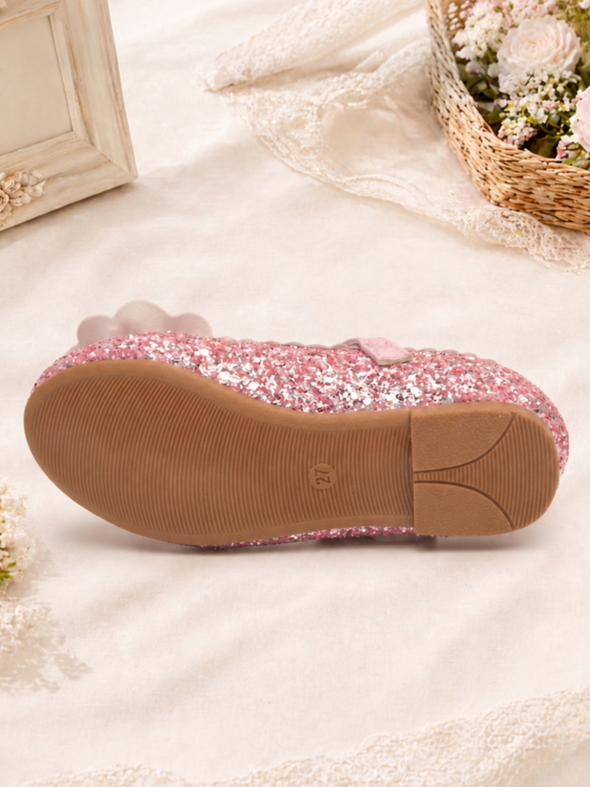 Girls Pink Glitter Floral Buckle Ballerinas