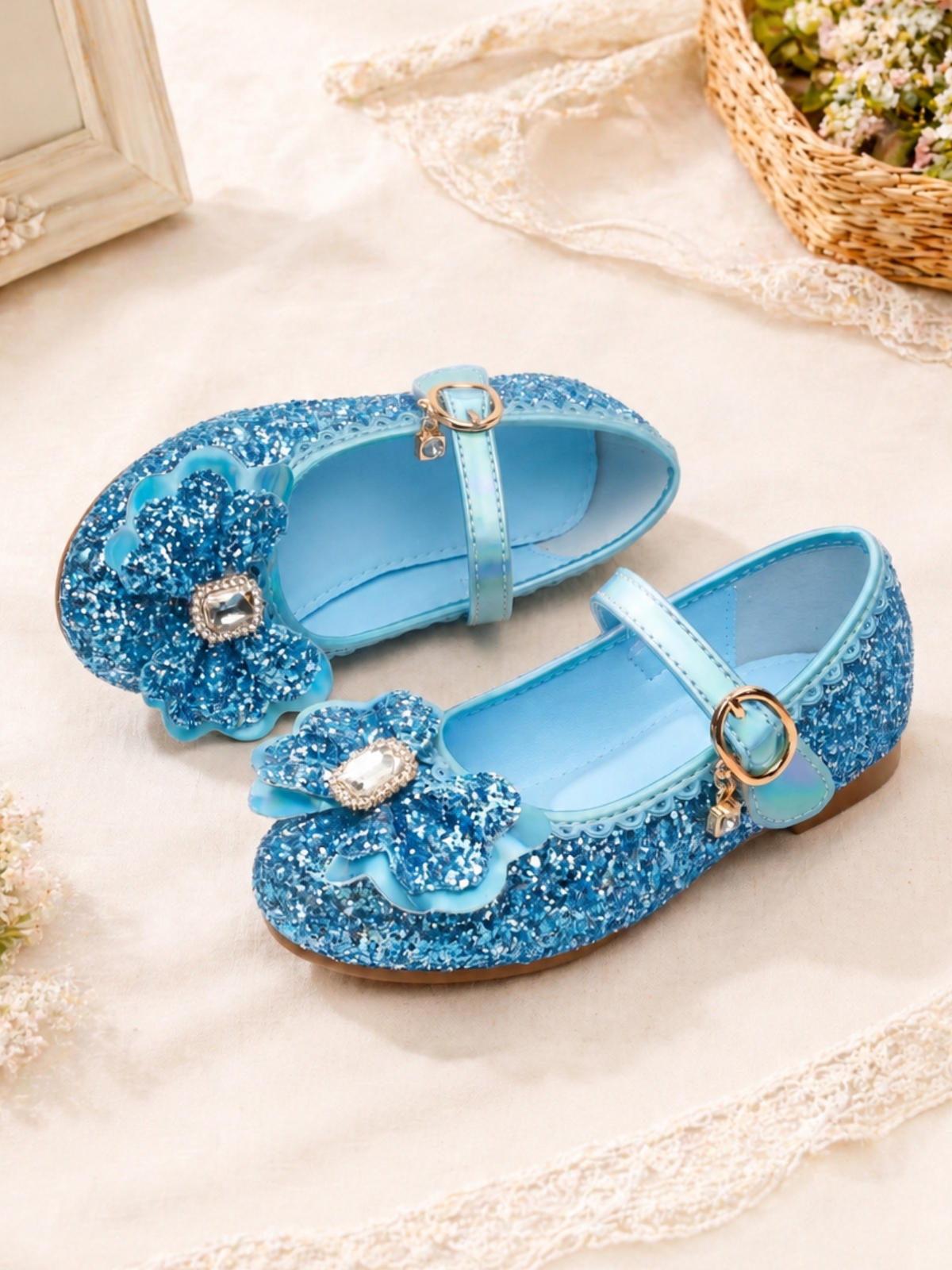 Girls Blue Floral Mary Janes